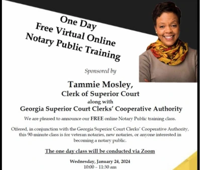 Chatham County, GA Superior Court Clerk, Democrat Tammie Mosley, is featured hosting a free notary public training virtual online event that is open to the public. The graphic has text that inlcudes a Zoom link. The date of the event is Wednesday, January 24, 2024 (1-24-2024).